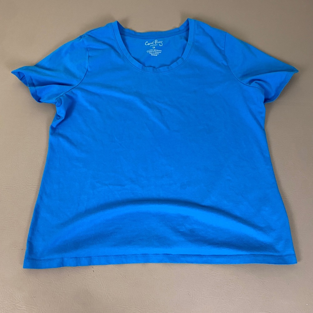 Coral Bay T-Shirt Women 1X Blue Short Sleeve Scoop Neck Cotton Blend Basic *Wear